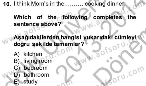 İngilizce 2 Dersi 2013 - 2014 Yılı (Final) Dönem Sonu Sınav Soruları 10. Soru