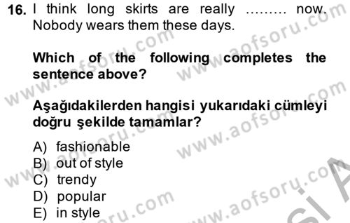 İngilizce 2 Dersi 2013 - 2014 Yılı (Final) Dönem Sonu Sınav Soruları 16. Soru