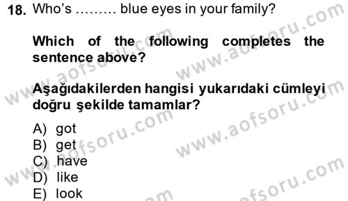 İngilizce 2 Dersi 2013 - 2014 Yılı (Final) Dönem Sonu Sınav Soruları 18. Soru