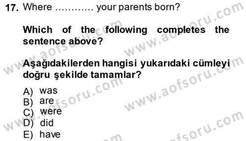 İngilizce 2 Dersi 2014 - 2015 Yılı (Vize) Ara Sınav Soruları 17. Soru
