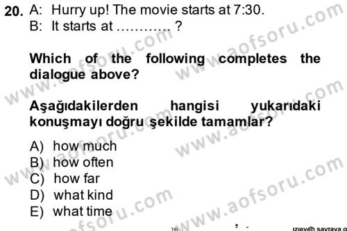 İngilizce 2 Dersi 2014 - 2015 Yılı (Vize) Ara Sınav Soruları 20. Soru