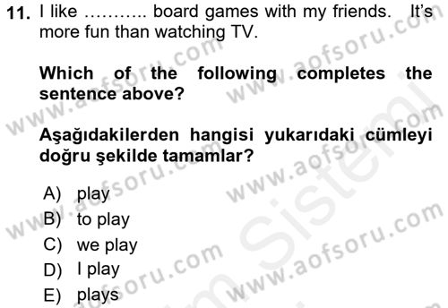 İngilizce 2 Dersi 2015 - 2016 Yılı (Vize) Ara Sınav Soruları 11. Soru