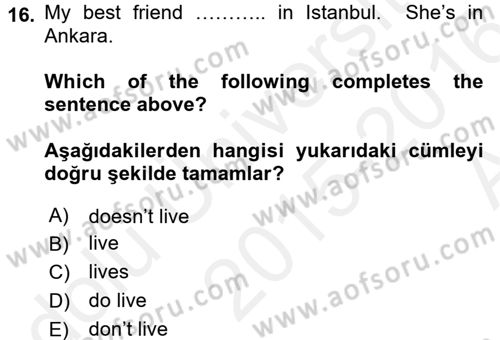 İngilizce 2 Dersi 2015 - 2016 Yılı (Vize) Ara Sınav Soruları 16. Soru
