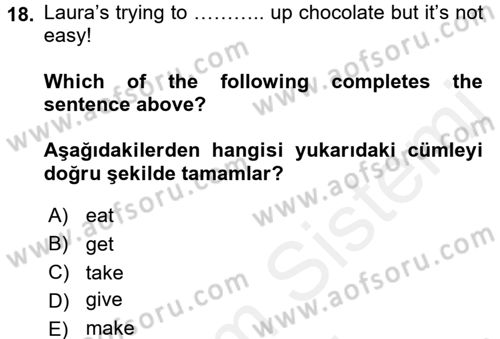 İngilizce 2 Dersi 2015 - 2016 Yılı (Vize) Ara Sınav Soruları 18. Soru
