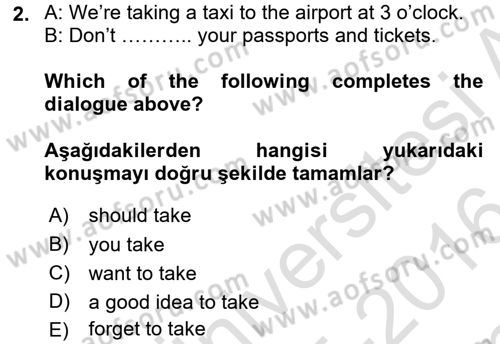 İngilizce 2 Dersi 2015 - 2016 Yılı (Final) Dönem Sonu Sınav Soruları 2. Soru