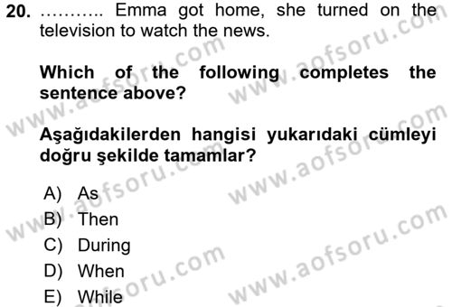 İngilizce 2 Dersi 2015 - 2016 Yılı (Final) Dönem Sonu Sınav Soruları 20. Soru