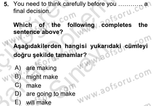 İngilizce 2 Dersi 2015 - 2016 Yılı (Final) Dönem Sonu Sınav Soruları 5. Soru