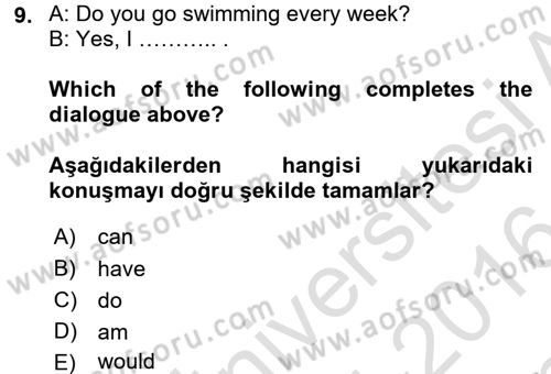 İngilizce 2 Dersi 2015 - 2016 Yılı (Final) Dönem Sonu Sınav Soruları 9. Soru