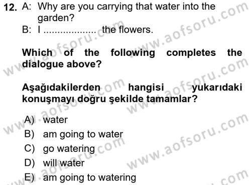İngilizce 2 Dersi 2016 - 2017 Yılı (Vize) Ara Sınav Soruları 12. Soru