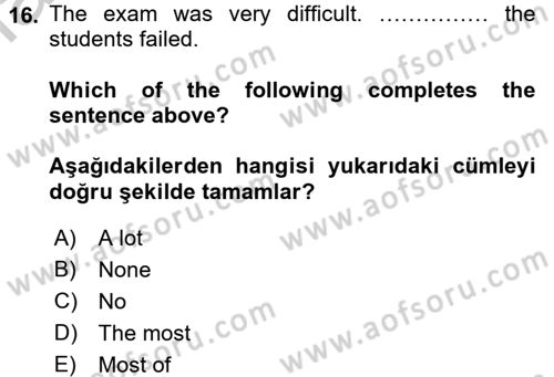 İngilizce 2 Dersi 2016 - 2017 Yılı (Vize) Ara Sınav Soruları 16. Soru