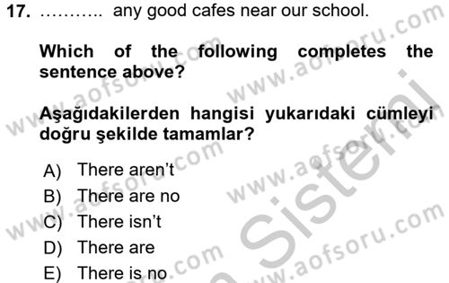 İngilizce 2 Dersi 2016 - 2017 Yılı (Vize) Ara Sınav Soruları 17. Soru