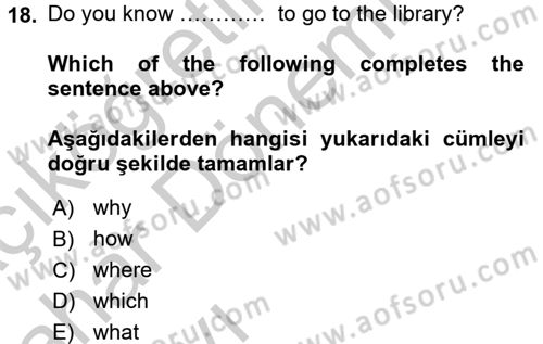 İngilizce 2 Dersi 2016 - 2017 Yılı (Vize) Ara Sınav Soruları 18. Soru