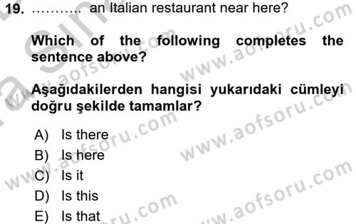 İngilizce 2 Dersi 2016 - 2017 Yılı (Vize) Ara Sınav Soruları 19. Soru