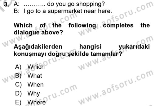 İngilizce 2 Dersi 2016 - 2017 Yılı (Vize) Ara Sınav Soruları 3. Soru