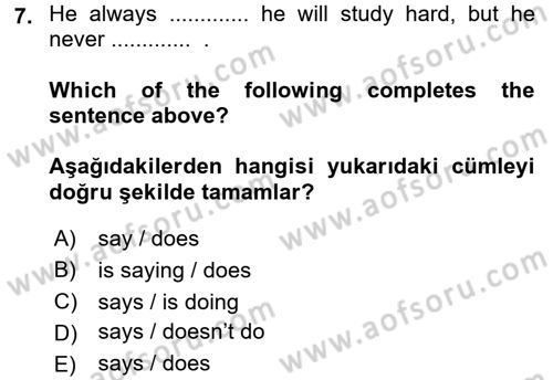 İngilizce 2 Dersi 2016 - 2017 Yılı (Vize) Ara Sınav Soruları 7. Soru