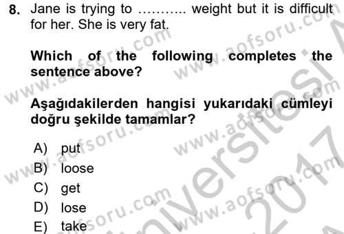 İngilizce 2 Dersi 2016 - 2017 Yılı (Vize) Ara Sınav Soruları 8. Soru