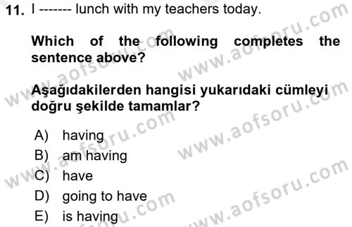 İngilizce 2 Dersi 2017 - 2018 Yılı (Vize) Ara Sınav Soruları 11. Soru