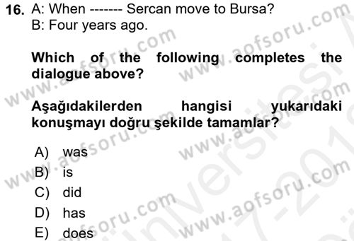 İngilizce 2 Dersi 2017 - 2018 Yılı (Vize) Ara Sınav Soruları 16. Soru