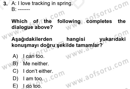 İngilizce 2 Dersi 2017 - 2018 Yılı (Vize) Ara Sınav Soruları 3. Soru