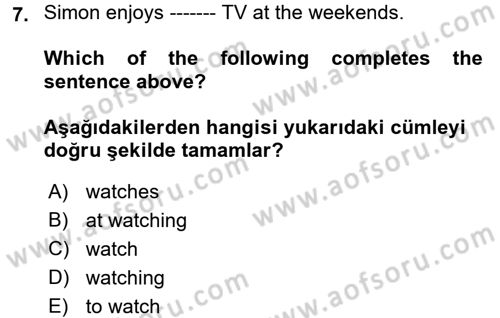 İngilizce 2 Dersi 2017 - 2018 Yılı (Vize) Ara Sınav Soruları 7. Soru