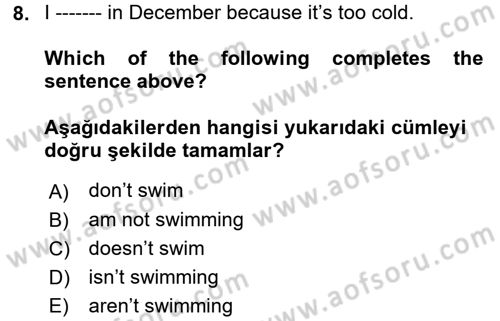 İngilizce 2 Dersi 2017 - 2018 Yılı (Vize) Ara Sınav Soruları 8. Soru