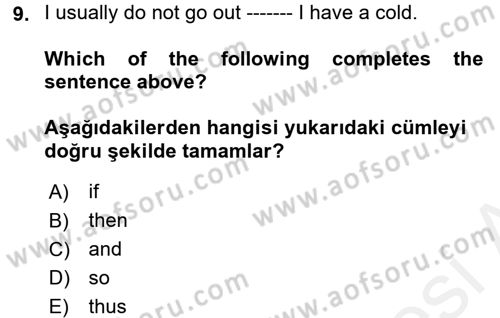 İngilizce 2 Dersi 2017 - 2018 Yılı (Vize) Ara Sınav Soruları 9. Soru