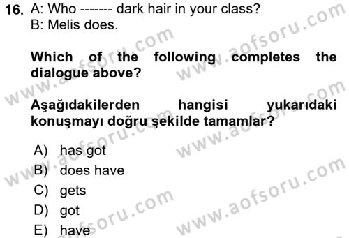 İngilizce 2 Dersi 2017 - 2018 Yılı (Final) Dönem Sonu Sınav Soruları 16. Soru