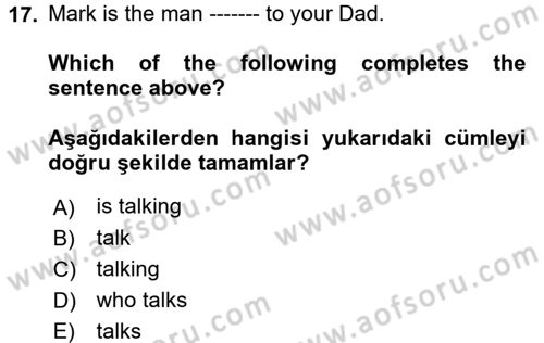 İngilizce 2 Dersi 2017 - 2018 Yılı (Final) Dönem Sonu Sınav Soruları 17. Soru