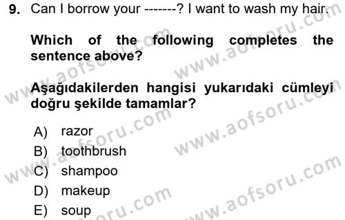 İngilizce 2 Dersi 2017 - 2018 Yılı (Final) Dönem Sonu Sınav Soruları 9. Soru