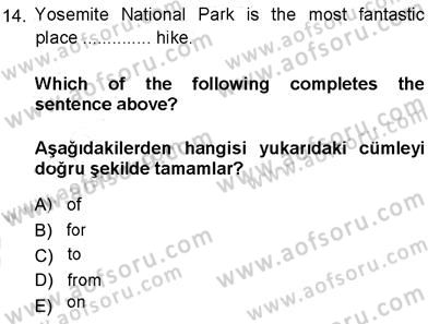 İngilizce 3 Dersi 2013 - 2014 Yılı (Vize) Ara Sınav Soruları 14. Soru