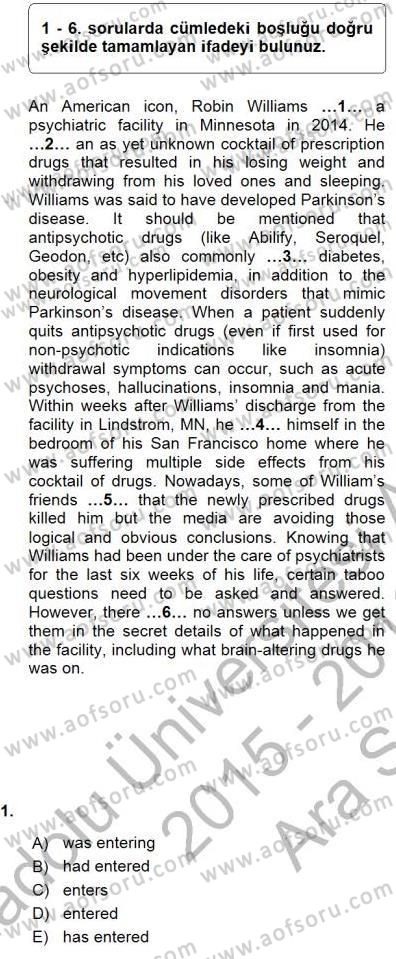 Bağlamsal Dilbilgisi 1 Dersi 2015 - 2016 Yılı (Vize) Ara Sınav Soruları 1. Soru