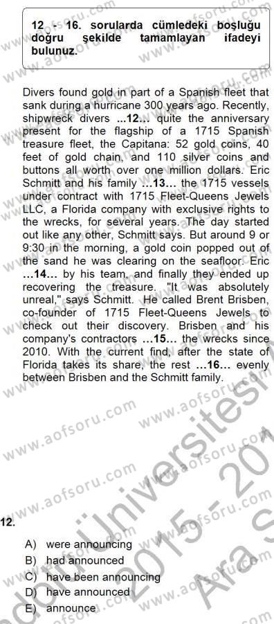 Bağlamsal Dilbilgisi 1 Dersi Ara Sınavı Deneme Sınav Soruları 12. Soru