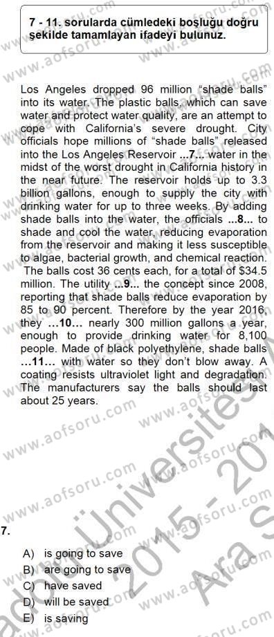 Bağlamsal Dilbilgisi 1 Dersi 2015 - 2016 Yılı (Vize) Ara Sınav Soruları 7. Soru