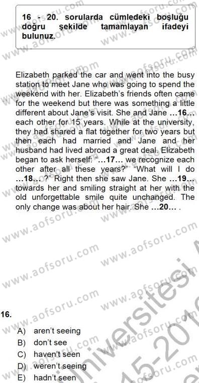Bağlamsal Dilbilgisi 1 Dersi 2015 - 2016 Yılı (Final) Dönem Sonu Sınav Soruları 16. Soru