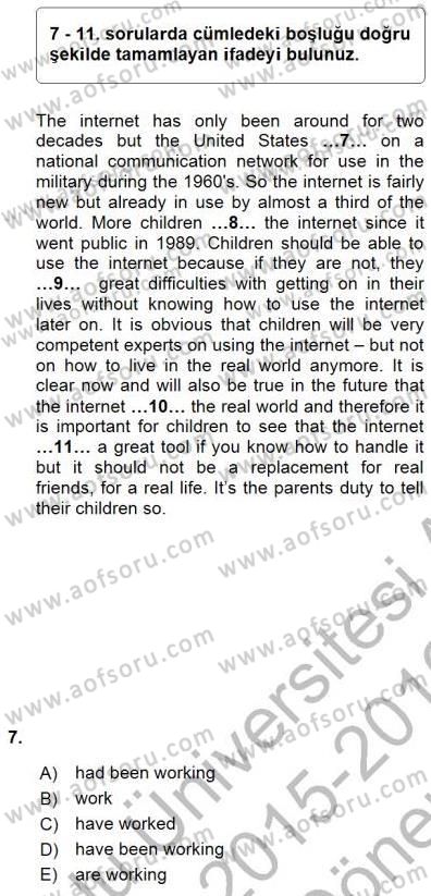 Bağlamsal Dilbilgisi 1 Dersi 2015 - 2016 Yılı (Final) Dönem Sonu Sınav Soruları 7. Soru
