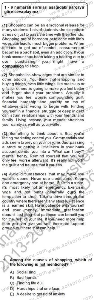 Okuma Ve Yazma Becerileri 1 Dersi 2013 - 2014 Yılı (Vize) Ara Sınav Soruları 1. Soru