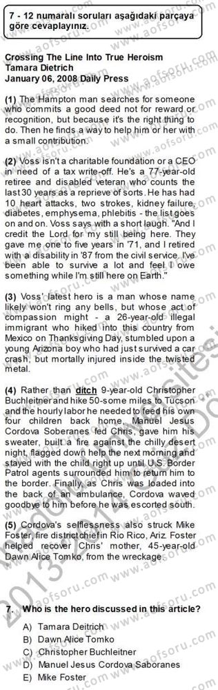 Okuma Ve Yazma Becerileri 1 Dersi 2013 - 2014 Yılı (Vize) Ara Sınav Soruları 7. Soru