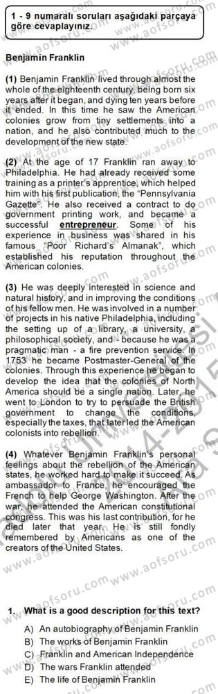 Okuma Ve Yazma Becerileri 1 Dersi 2014 - 2015 Yılı (Vize) Ara Sınav Soruları 1. Soru