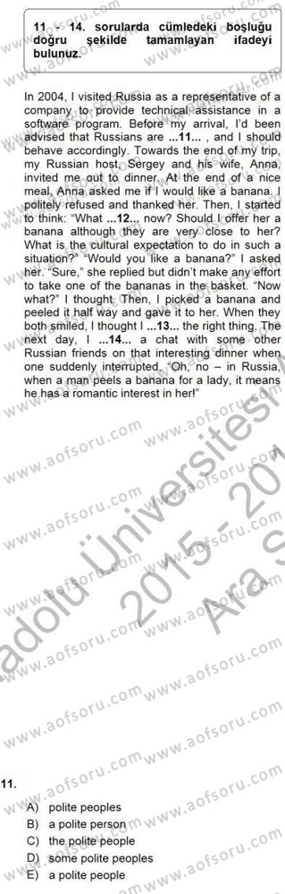 Bağlamsal Dilbilgisi 3 Dersi Ara Sınavı Deneme Sınav Soruları 11. Soru