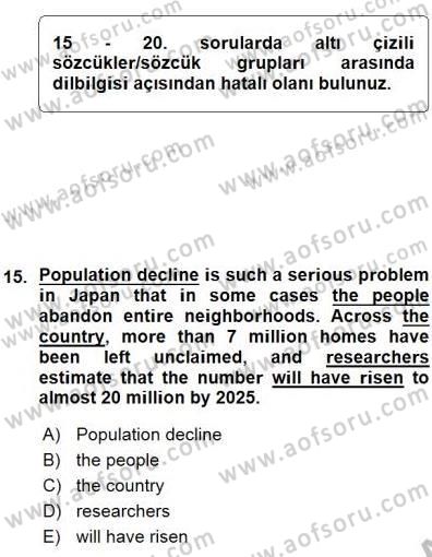 Bağlamsal Dilbilgisi 3 Dersi 2015 - 2016 Yılı (Vize) Ara Sınavı 15. Soru