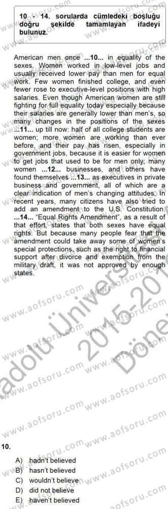 Bağlamsal Dilbilgisi 3 Dersi 2015 - 2016 Yılı (Final) Dönem Sonu Sınav Soruları 10. Soru