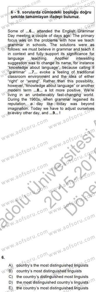 Bağlamsal Dilbilgisi 3 Dersi 2015 - 2016 Yılı (Final) Dönem Sonu Sınav Soruları 6. Soru