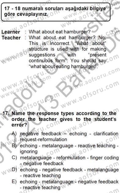 Dilbilgisi Öğretimi Dersi 2012 - 2013 Yılı (Final) Dönem Sonu Sınav Soruları 17. Soru