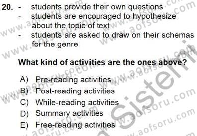 Okuma Ve Dinleme Öğretimi Dersi Ara Sınavı Deneme Sınav Soruları 20. Soru