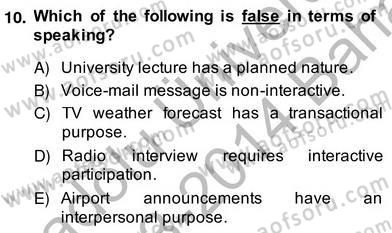Konuşma Ve Yazma Öğretimi Dersi 2013 - 2014 Yılı (Vize) Ara Sınavı 10. Soru