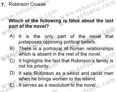 İngiliz/Amerikan Edebiyatı 1 Dersi 2015 - 2016 Yılı (Final) Dönem Sonu Sınav Soruları 7. Soru