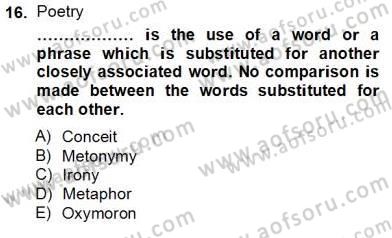 İngiliz/Amerikan Edebiyatı 2 Dersi 2012 - 2013 Yılı (Final) Dönem Sonu Sınav Soruları 16. Soru
