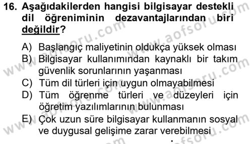 İng. Öğretmenliğinde Öğretim Teknolojileri Ve Materyal Tasarımı 2 Dersi 2014 - 2015 Yılı Tek Ders Sınav Soruları 16. Soru