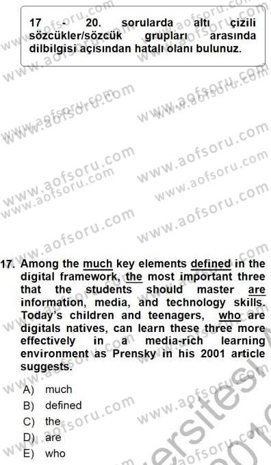 Pedagojik Gramer 1 Dersi 2015 - 2016 Yılı (Final) Dönem Sonu Sınav Soruları 17. Soru