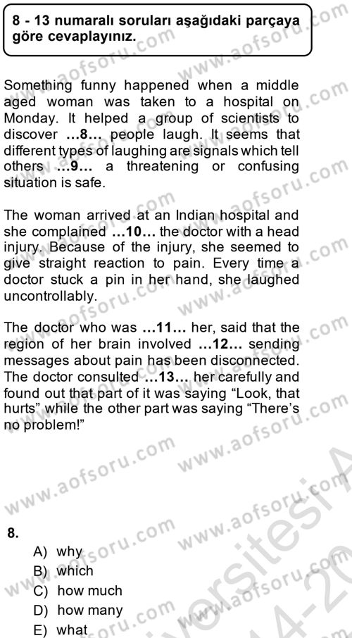 Pedagojik Gramer 2 Dersi 2014 - 2015 Yılı Tek Ders Sınav Soruları 8. Soru